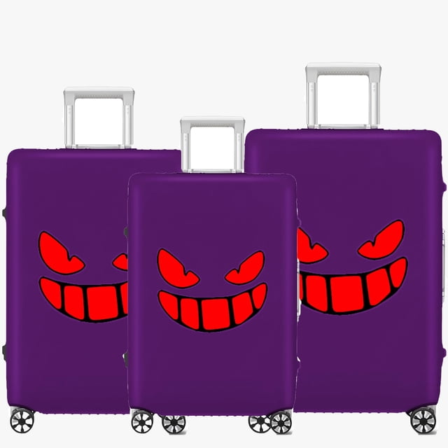 juego de fundas de equipaje gigabitbest gigabitbest 20 24 28 pulgadas tres fundas elásticas moradas con diseño de Halloween, rostro negro con ojos y sonrisa rojos; vista frontal centrada sobre maletas con asas telescópicas arriba, cremallera inferior y correa elástica visibles, ideal para protección de maleta y para identificar equipaje en viajes.