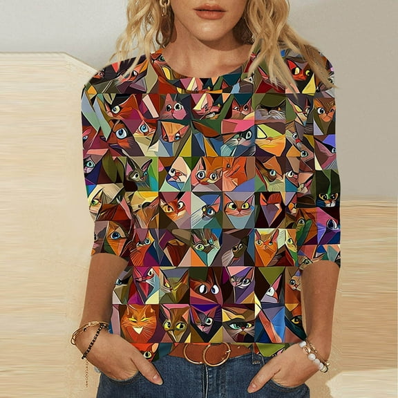 HOMBOM Crew Neck Women Tops 3/4 Sleeve Blue Basic 2025 Casual Cat Graphic Prints T-Shirts