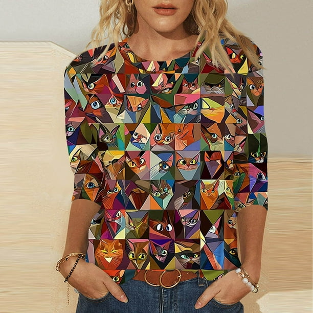 Karight Women Tops Loose Fit Three Quarter Sleeve V Neck Shirts Y2K Cute Bunny Blouses Dressy Spring Aesthetic Clothes