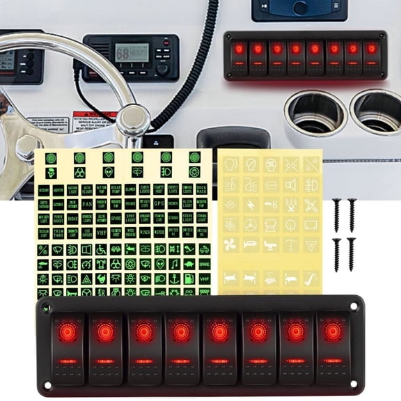 Waywe 8 Gang Rocker Switch Panel 5Pin On Off Toggle Switch Aluminum Holder 12V 24V Dash Pre-Wired Red Backlit Switches for Automotive Cars Marine Boats RVs Truck