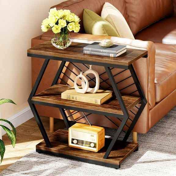 [Industrial End Table] Sturdy 25" 3-Tier Industrial Rectangular End Table - Geometric Metal Frame, Wood & Black Finish - Living Room or Bedroom Storage, Table Decor