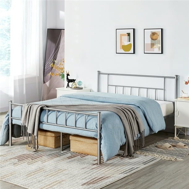 Yaheetech Basic Metal Bed Frame With, Silver Metal Headboard Queen