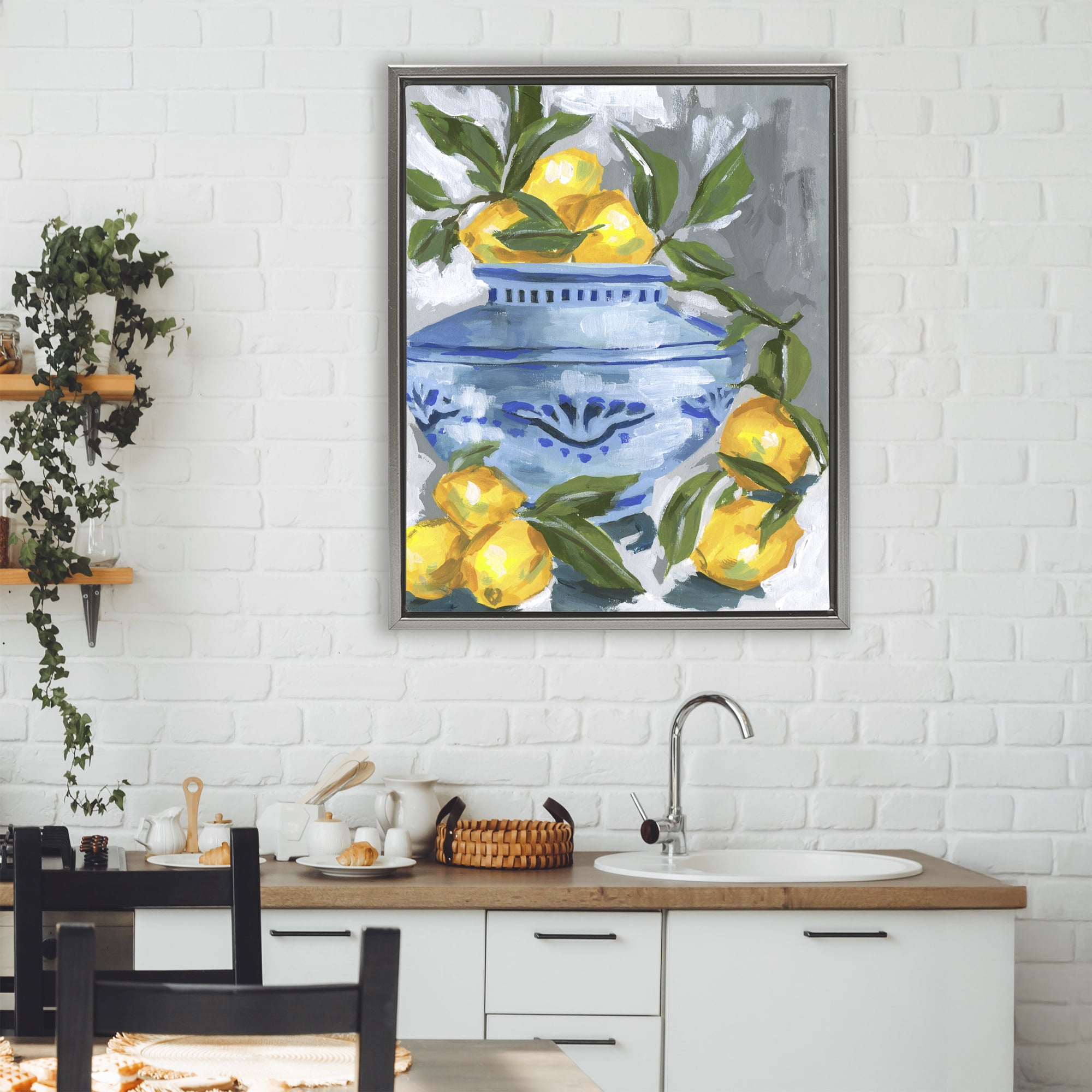 Stupell Industries Indigo & Lemon Vase Gray Framed Floater Canvas Wall Art, design by Melissa Wang