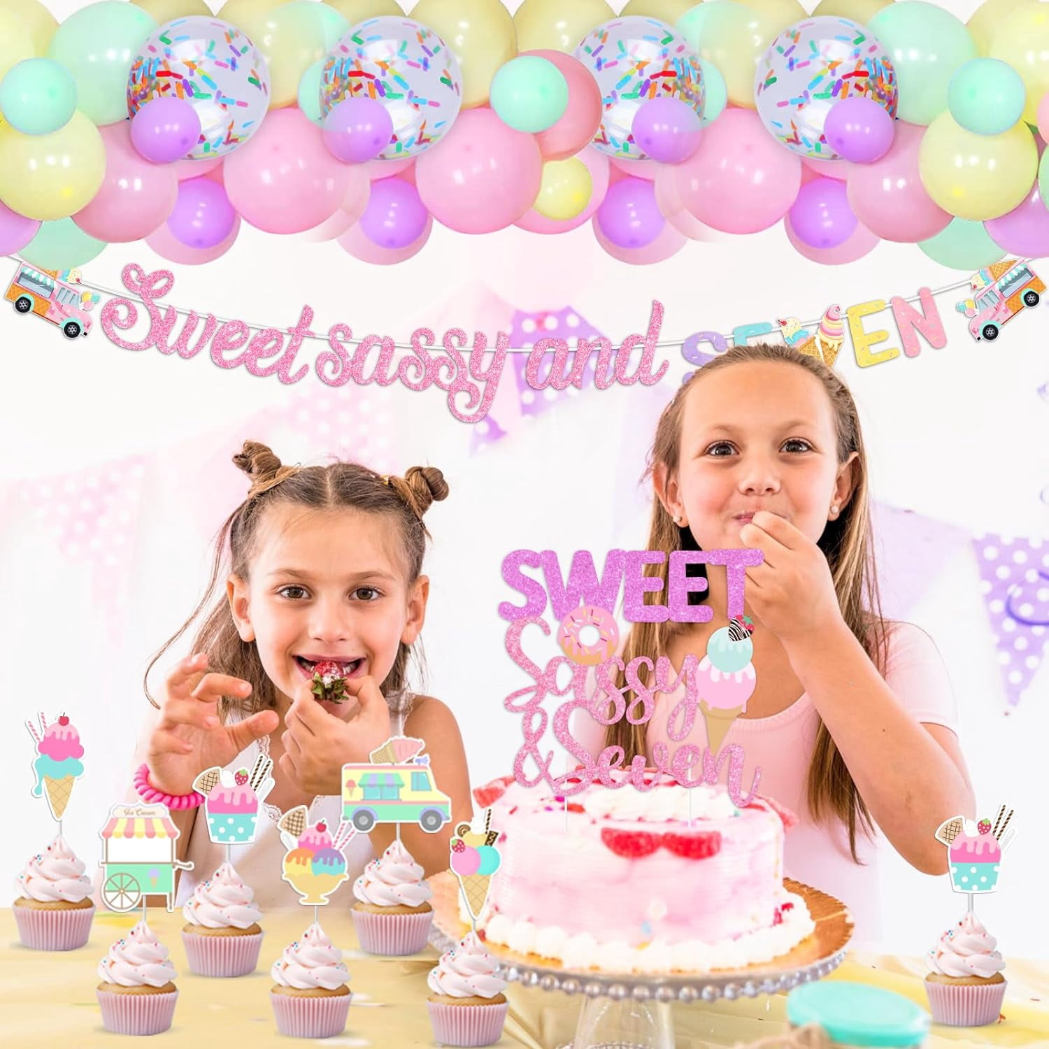 Sweet Sassy And Seven Birthday Decoration, Ice Cream 7th Birthday Decoration Banner Cake Cupcake Topper Hanging Swirls Balloon Garland Arch Kit for Girl Summer Ice Cream Theme 7th Birthday