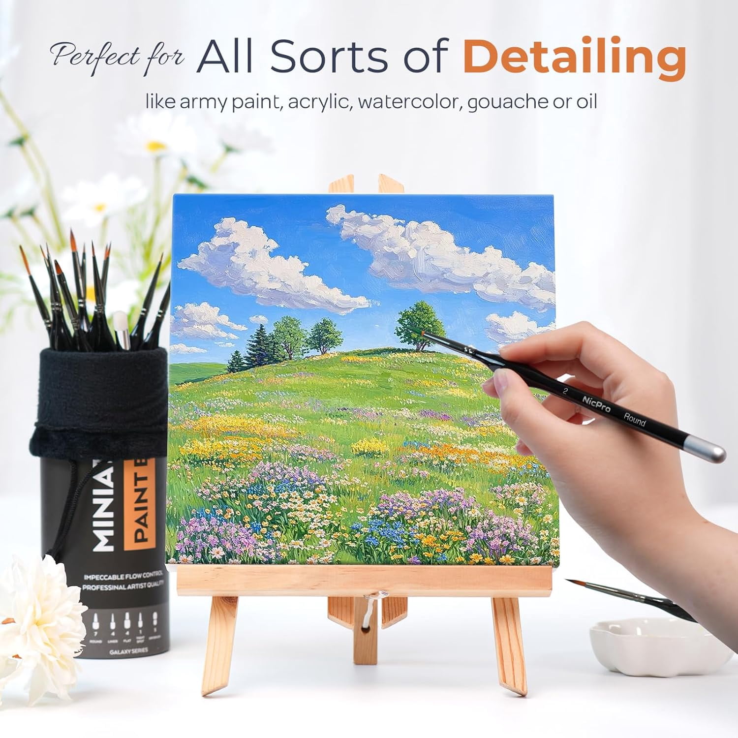 Nicpro Miniature Paint Brushes Drybrush - 21PCS Model Paint Brush Set for Acrylic, Watercolor Detail Paint Brush Dry Brush for Miniature Model, Paint by Number- with Container