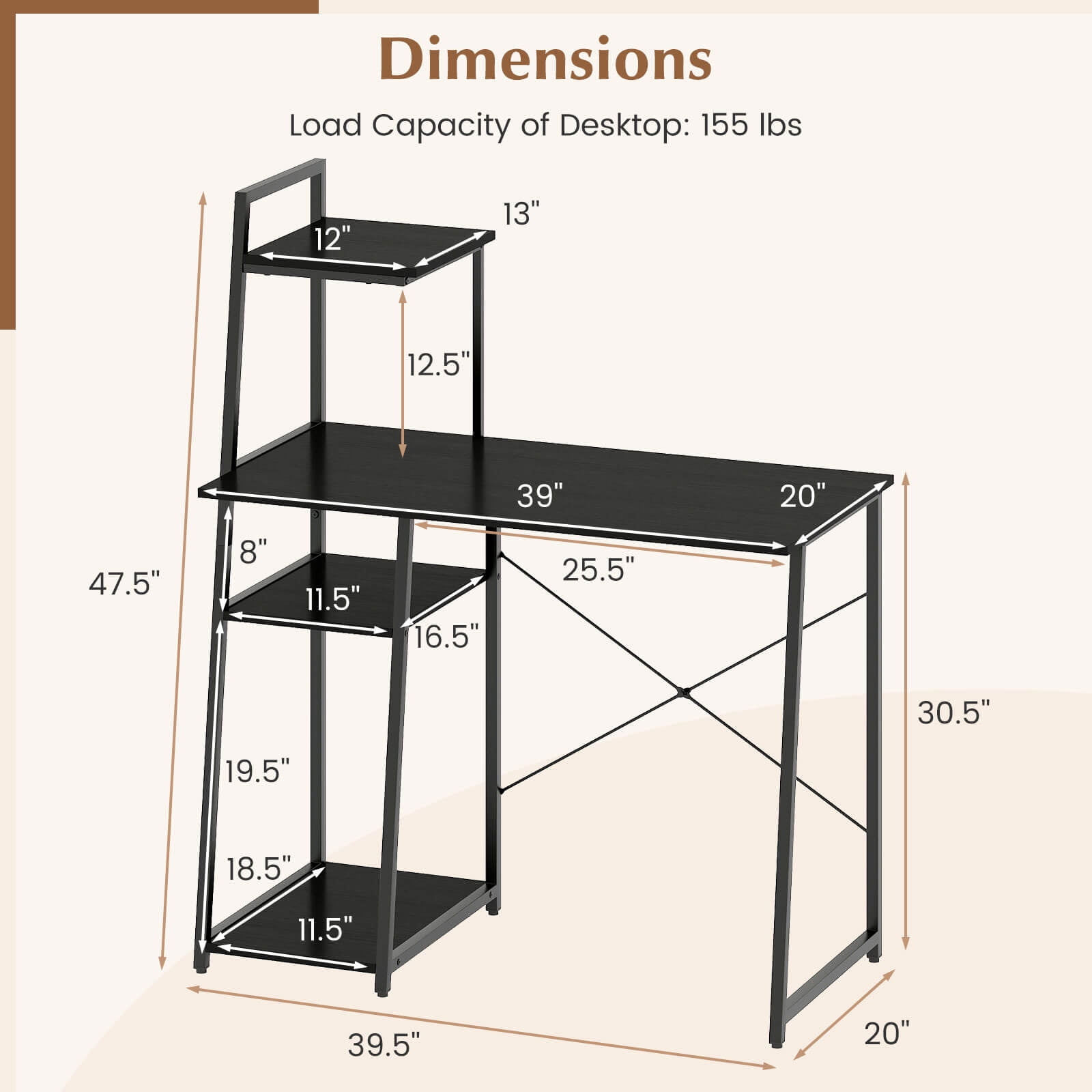Costway Home Office Desk, PC Laptop Workstation with Bookshelf, Host Stand, Metal Frame Black