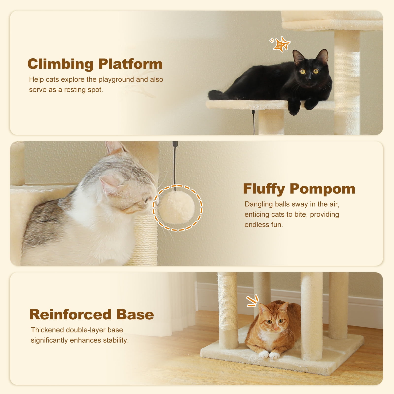 resenkos 62" Modern Cat Tree Tower for Indoor Cats with Scratching Posts, Cozy Cat Condo and Top Perch, Dangling Ball for Small Medium, Beige