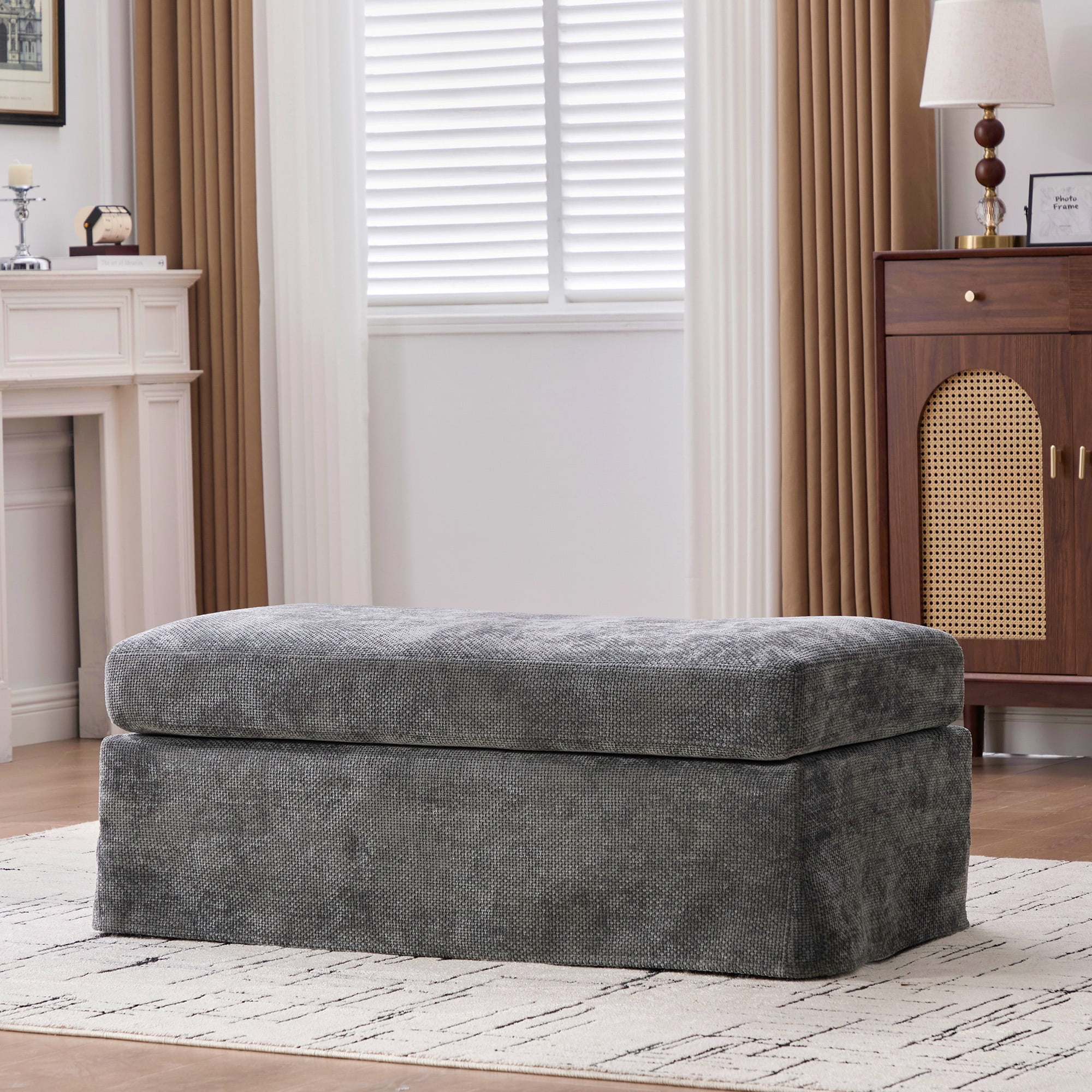 43.7" Wide Modern Upholstered Chenille Ottoman, Foot Stool Square Footrest with Black Metal Legs for Living Room Bedroom Entryway and Office, Charcoal