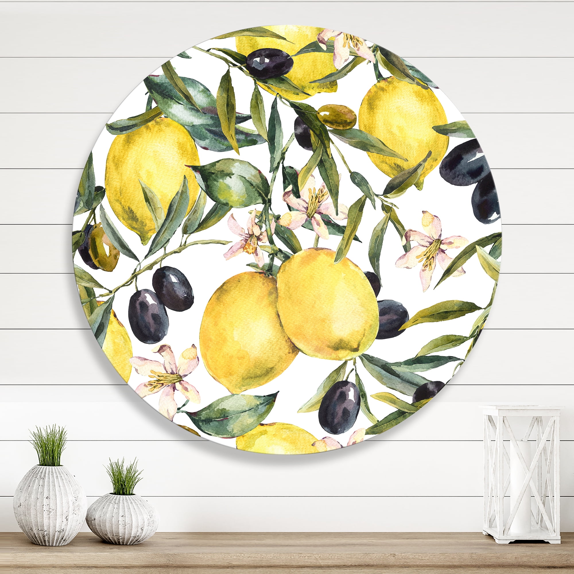 Designart 'Olive and Lemon Branches I' Tropical Circle Metal Wall Art 11x11 - Disc of 11