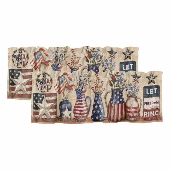 Farmhouse 4th of July Valances for Windows, American Country Star Botanical Light Filtering Kitchen Curtains, Rod Pocket Window Valance Curtains for Living Room Bedroom, 54" W x 18" L, 2 Panels