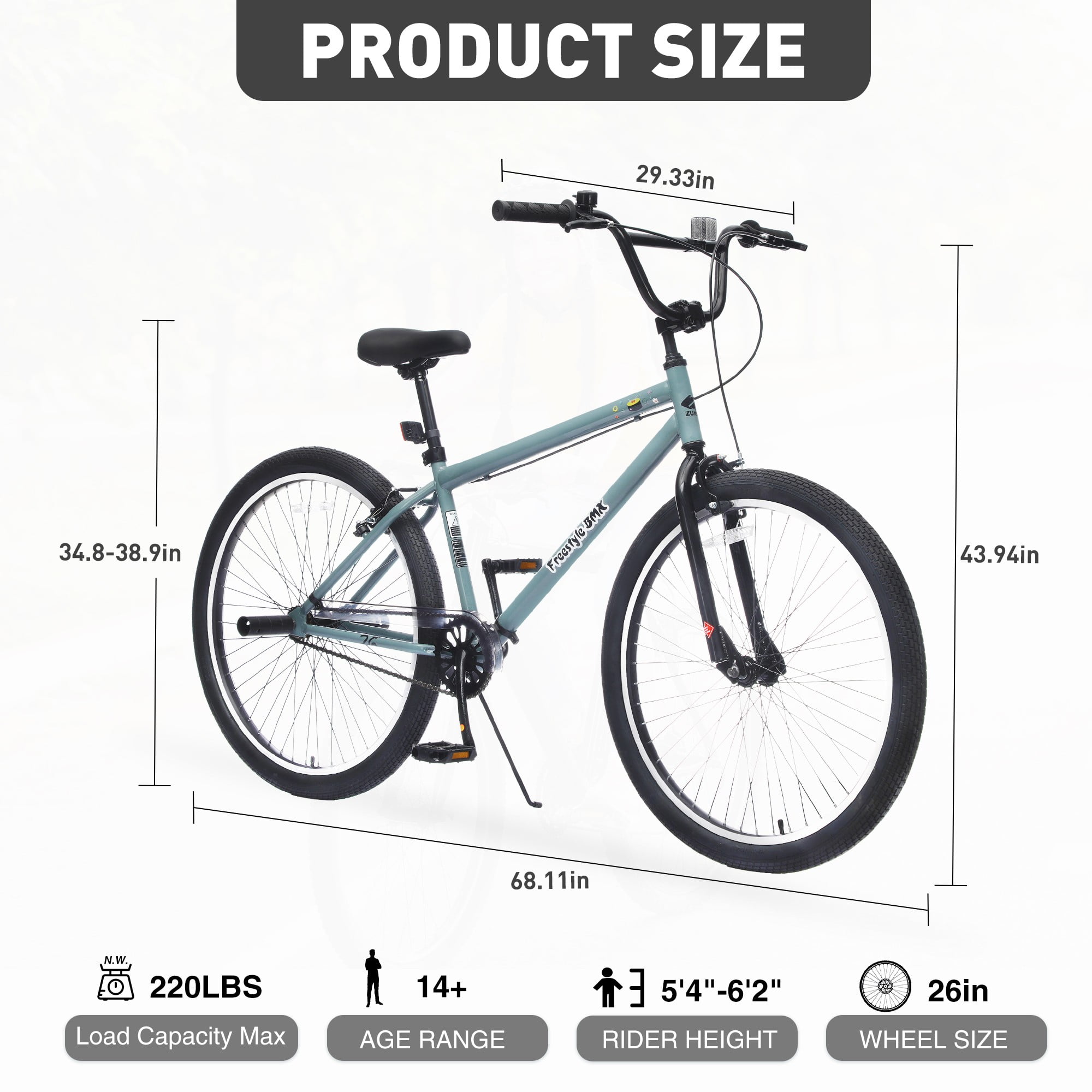 26-Inch Freestyle Bike,Single-Speed Steel Frame Bicycle with Front & Rear Brakes