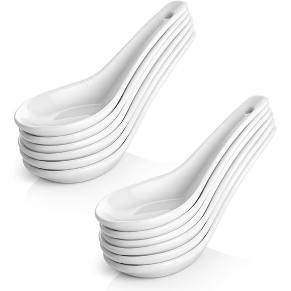 Kiibsot 12 Pack 5.3" Asian Soup Spoons - White Ceramic Dessert Spoons - Perfect for Pho, Miso, Wonton, Ramen, Dumpling, Macaron - Dishwasher & Oven Safe