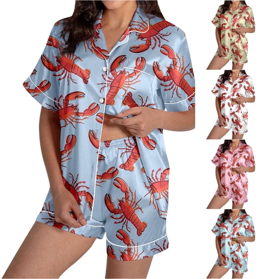 Trendfront Womens Notch Collar Short Sleeve 2-Piece Pajama Set Crawfish Print Button-Front Top and Shorts Sleepwear