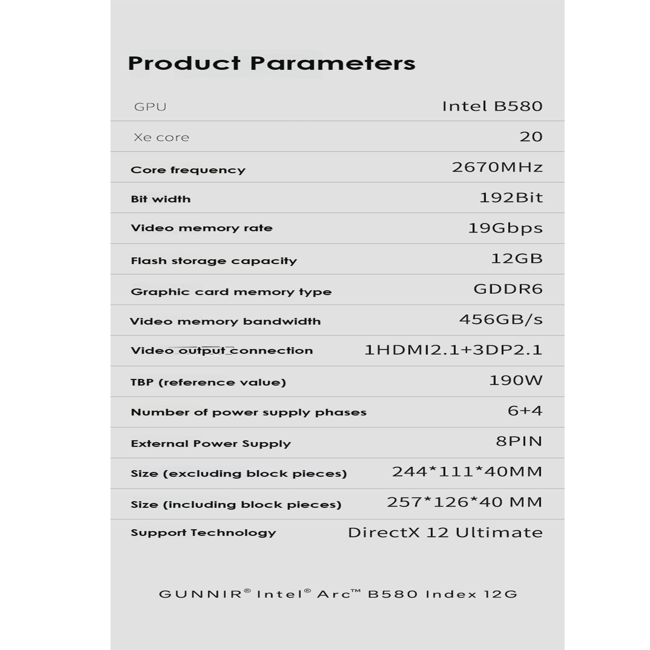 GUNNIR Arc B580 Index 12G GDDR6 Computer Video Card,Dual Fans