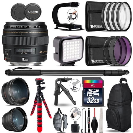 Canon EF 85mm f/1.8 USM - Video Kit + LED KIt + Monopad - 32GB Accessory Bundle