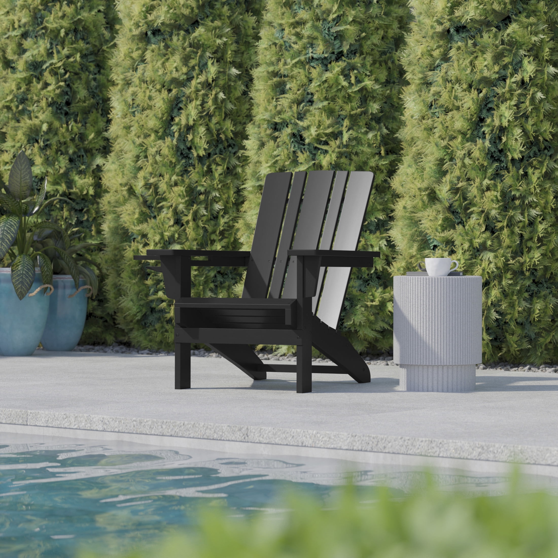 BizChair Adirondack Chair with Cup Holder, Weather Resistant HDPE Adirondack Chair in Black