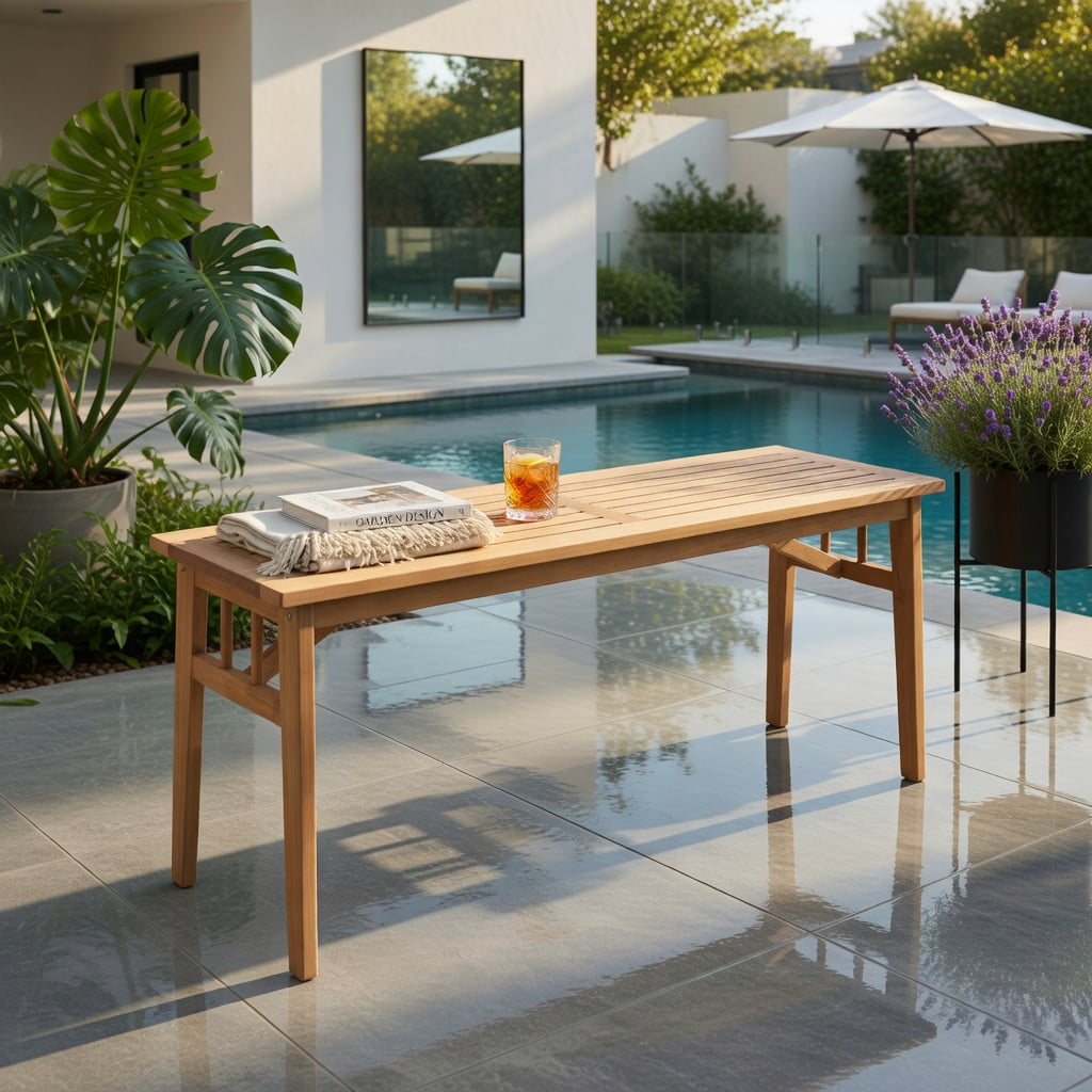 Hommoo 48" Acacia Wood Bench, Dining & Garden Bench with Breathable Slat Seat, Triangular Support Frame, Natural
