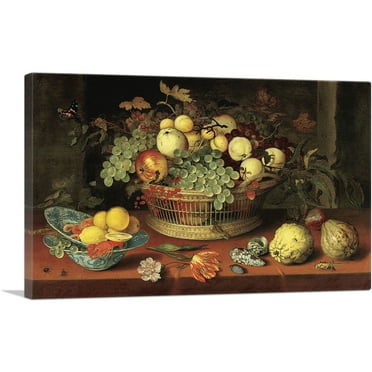 ARTCANVAS Still Life with Basket of Fruit 1622 Canvas Art Print by Balthasar van der Ast - Size: 26" x 18" (0.75" Deep)