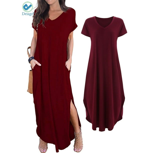 Deago Women's Casual Loose Pocket Long Dress Short Sleeve Split Summer Fall Maxi  Dresses (Red,L) - Walmart.com