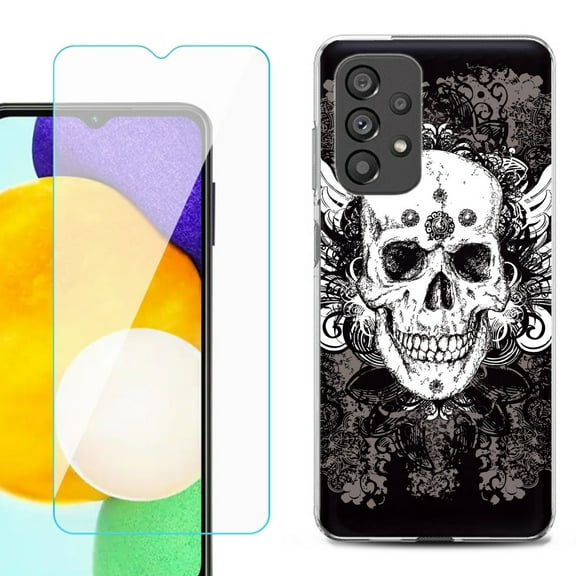 Slim-Fit Gel TPU Phone Case for Samsung Galaxy A23 5G, with Tempered Glass Screen Protector, by OneToughShield ® - Grunge Skull