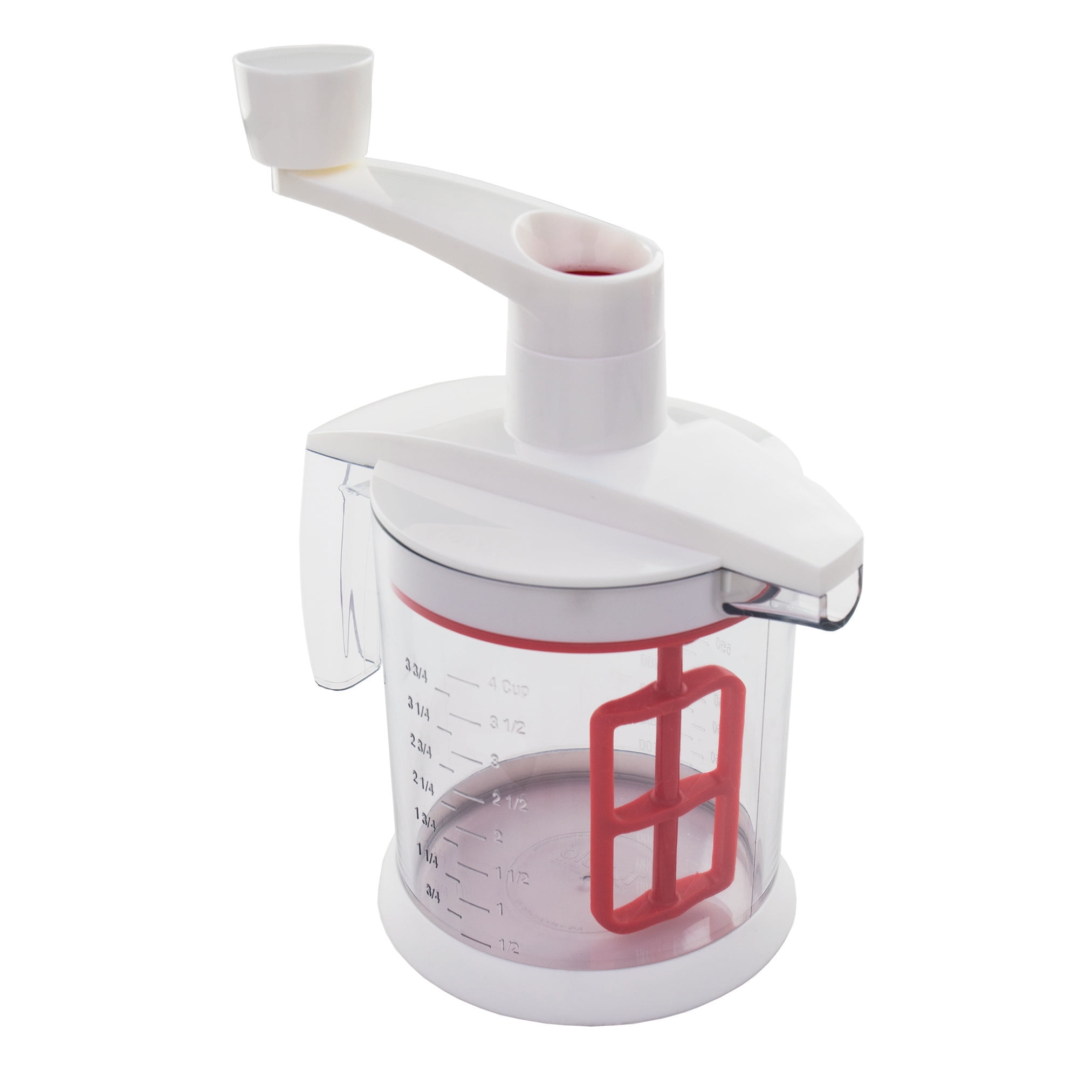 Tovolo Quick Mix Batter Hand Powered Mixing Blender Tool with Easy Measure System, White/Candy Apple Red/Clear