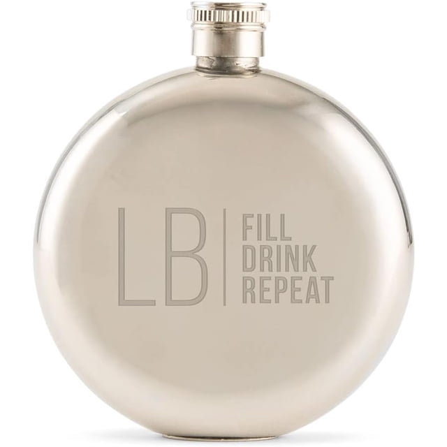 Weddingstar Customizable Silver Stainless Steel Round Hip Flask \u2013 Modern Monogram and Text Engraving