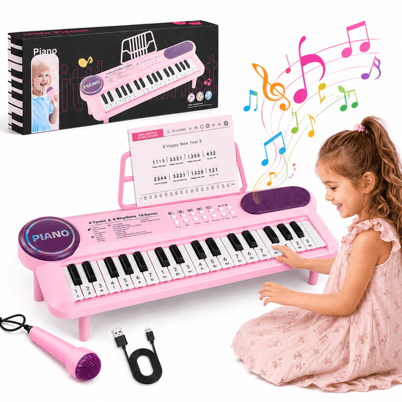 Baby Piano Toys for Kids, 37 Keys Electronic Keyboard with Microphone, Portable Piano for Toddlers, Educational Keyboard Musical Instrument Toys for Girls Boys, Pink