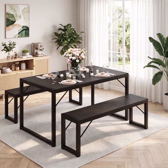 Asofer Dining Table Set for 4, Kitchen Table Set with 2 Benches, Small Dinette Set for Apartment, Black