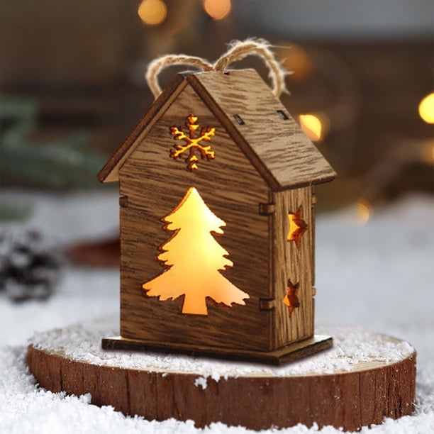 pstuiky Adorno navideño de casa de madera luminosa, colgante creativo para árbol de Navidad, muñeco de nieve, alces, copo de nieve, iluminación para casa, decoraciones navideñas