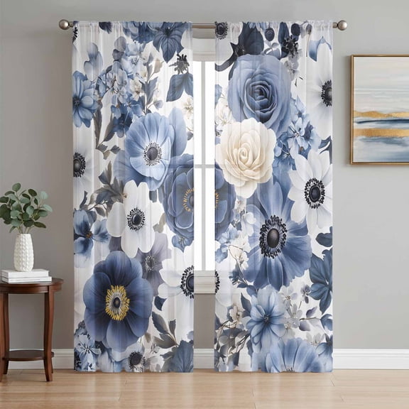 Blue Flower Semi Sheer Curtains 84 Inch Length 2 Panels Set, Vintage Ink Rose Floral Spring Botanical Sheer Kitchen Curtain Privacy Voile Window Curtain for Living Room Bedroom Rod Pocket Drapes