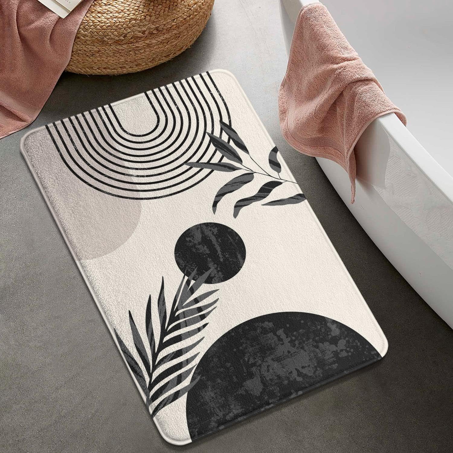 Black and White Boho Bathroom Rugs Non-Slip, Cute Bath Mat Soft Washable Small Bath Mat Aesthetic Bathmat for Bathtub Bedroom Kitchen