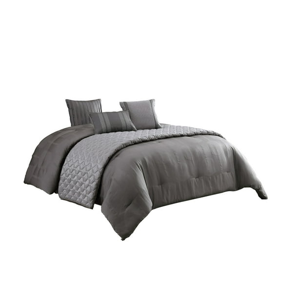 10 Piece Queen Polyester Comforter Set with Geometric Print, Gray- Saltoro Sherpi