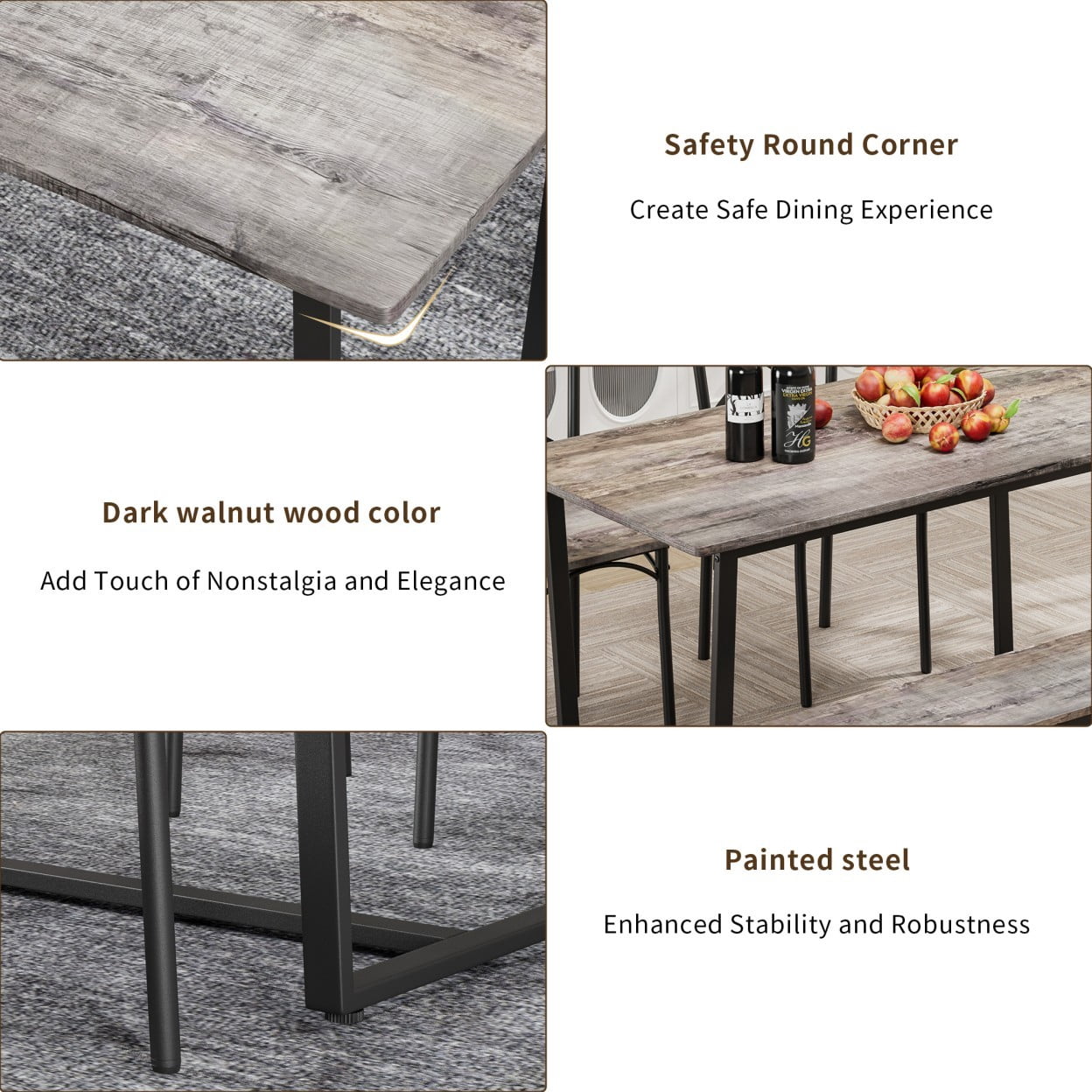 4 Piece Dining Table Set with 4 Chairs, Industrial Kitchen Table Set with Backrest Chairs, Modern Dining Room Furniture for Breakfast Nook, Apartment, Living Room, Gray