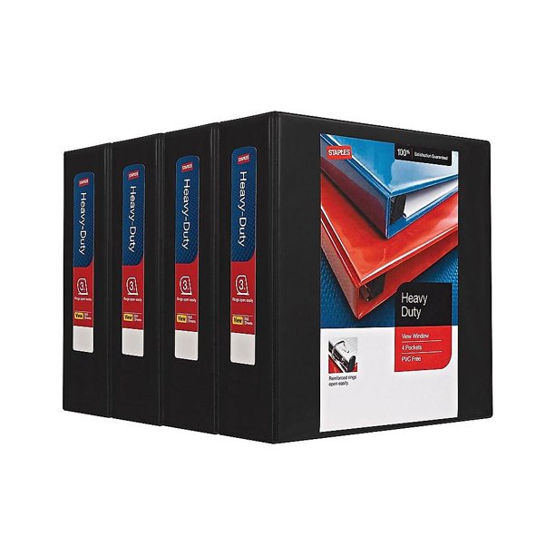 Staples HeavyDuty 3" 3Ring View Binders Black 4/Carton (24690CT