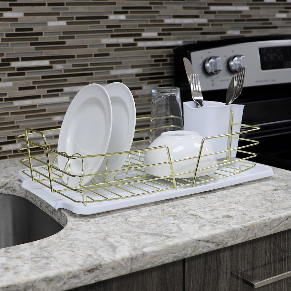 Michael Graves Design Deluxe Dish Rack with Gold Finish Wire and Removable  Dual Compartment Utensil Holder, White/Gold 