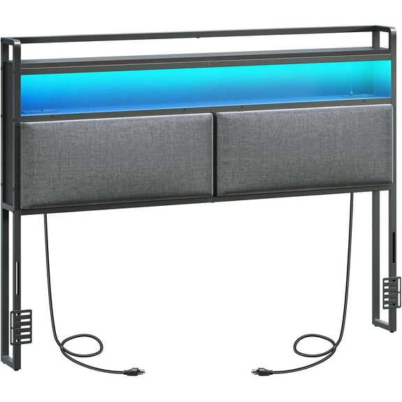 Queen Size Headboard, Upholstered Headboard with Charging Station and LED Light, 2 AC Outlets, 2 USB Ports and 2 Type-C Ports, 2-Tier Open Shelves, with Bed Frame Adapters, Black and Gray