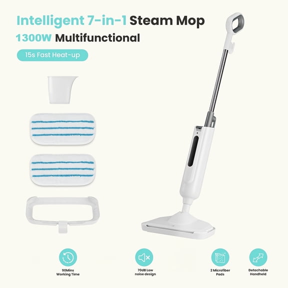 1300W Steam Mop 30s Heat-up, 11.16oz Tank, Carpet Glider & 2 Washable Pads
