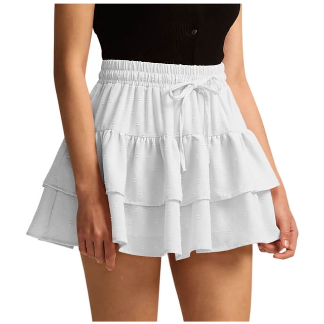 Kaemgyyd Womens Tiered Boho Mini Skirt Cute Pleated Ruffle Hem Drawstring Skirt Solid High Waist Flowy Short Skirts with Inner