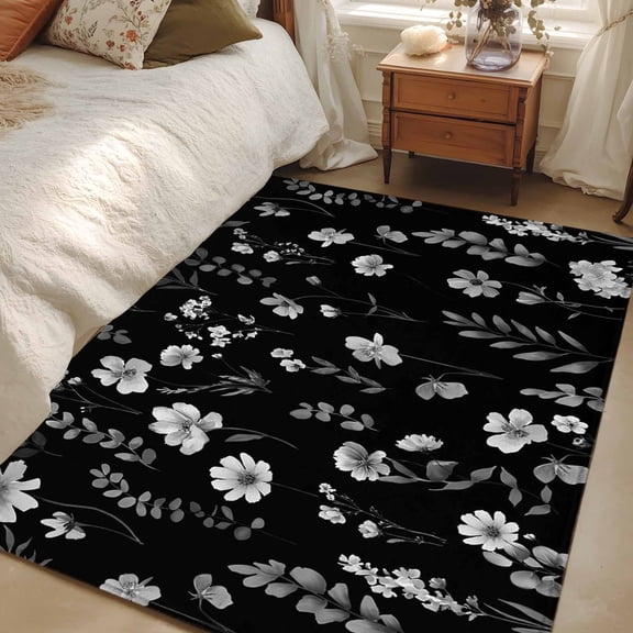Area Rug for Living Room, Black Spring Floral Non-Slip Indoor Large Carpet for Bedroom/Dining Room, Flowers Botanical Elegant Pastoral Washable Low-Profile Floor Mat Runner Rugs - 2.7 x 5 Ft