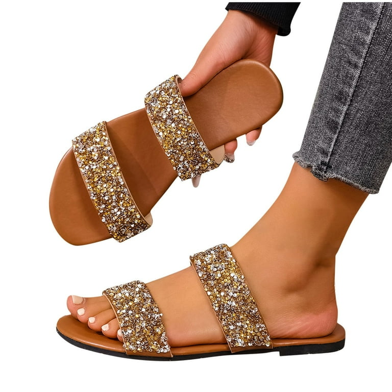 LOVZFMLL Women's Flat Sandals Rhinestone Glitter Slippers Two Band