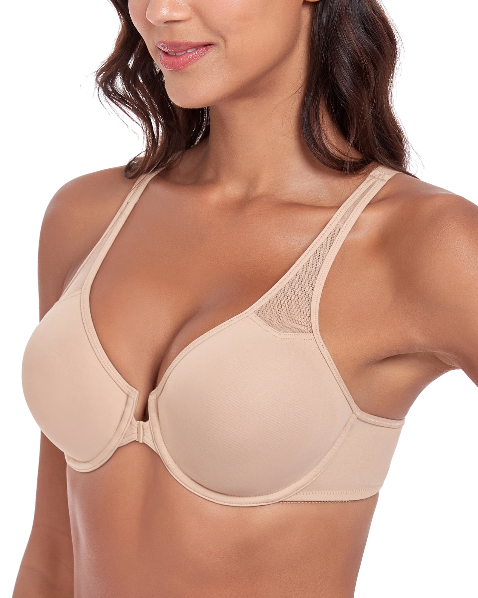 Exerin Women's Front Close Unlined Underwire V-Neck Racerback Bra(40DD,Beige)
