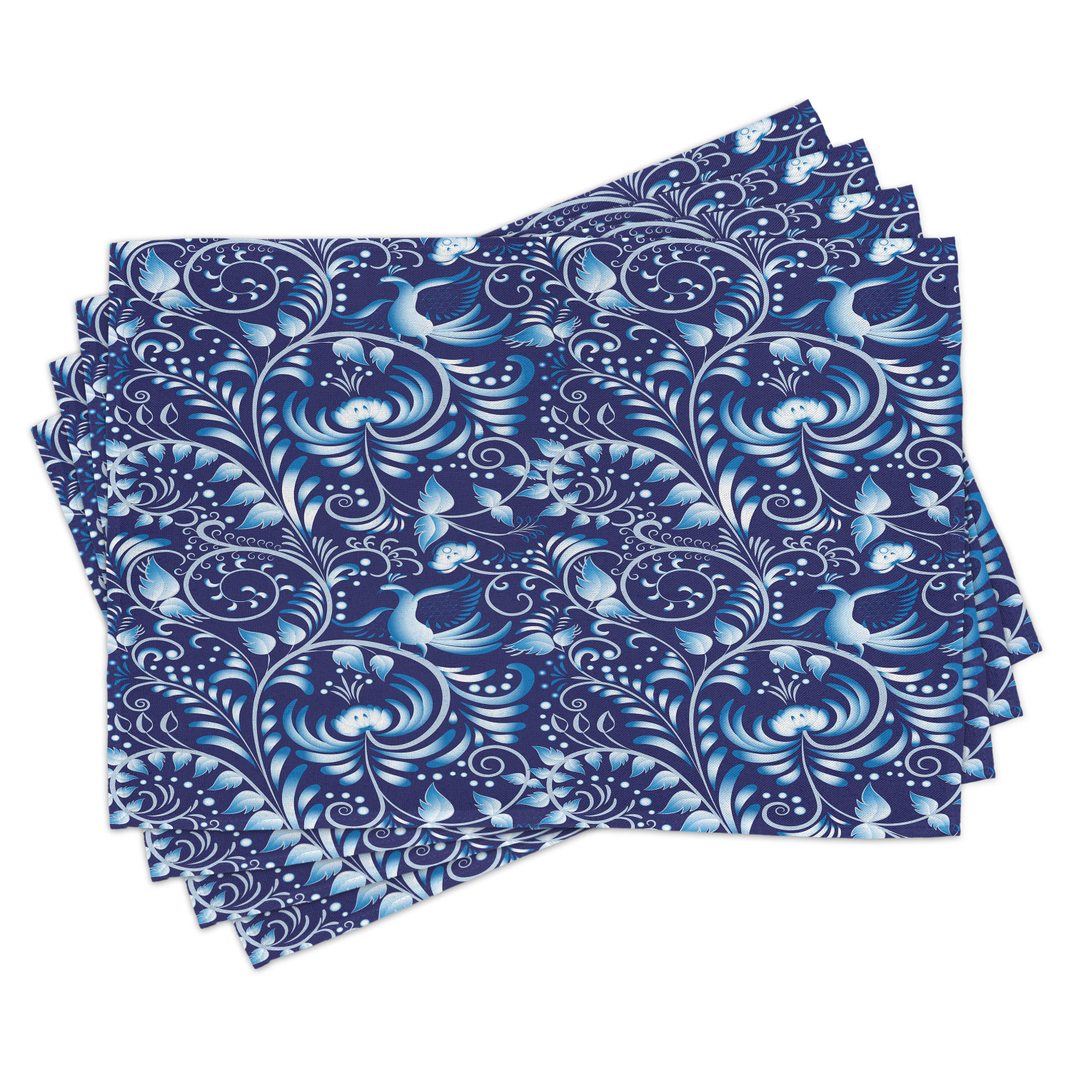 Navy Placemats Set of 4 Folk Chinese Design Inspired Floral Swirls