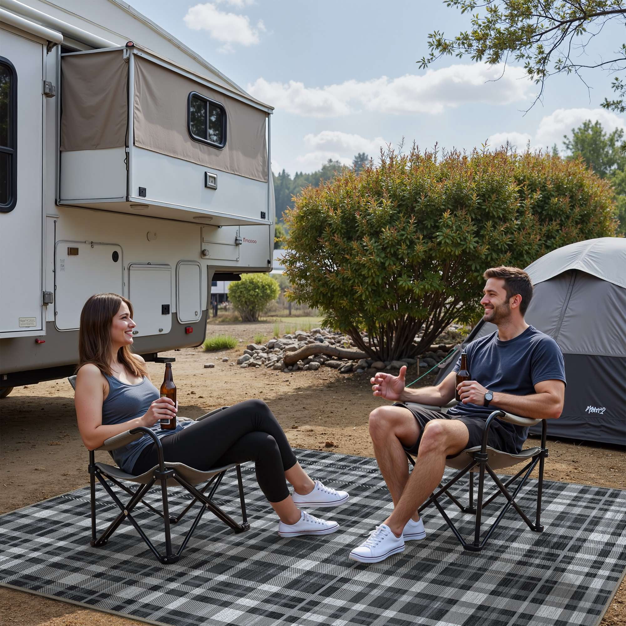 DEORAB Outdoor Rugs 9'X12' Chenille Patio Rug Three-Layer Material Imitation Silicone Spot Molding Camping Outside Rv Mat,Black