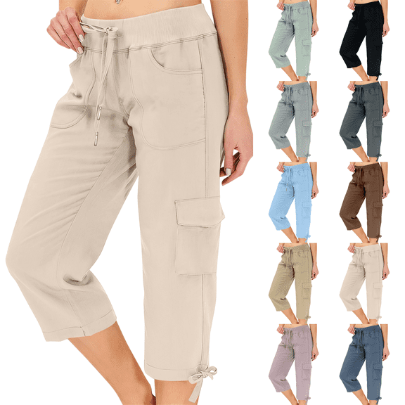 Capris for Women Summer Petite Quick Dry Cargo Capri Pants with Pockets Drawstring Cargo Pants Outdoor Golf Hiking Pants Pull On Khaki M