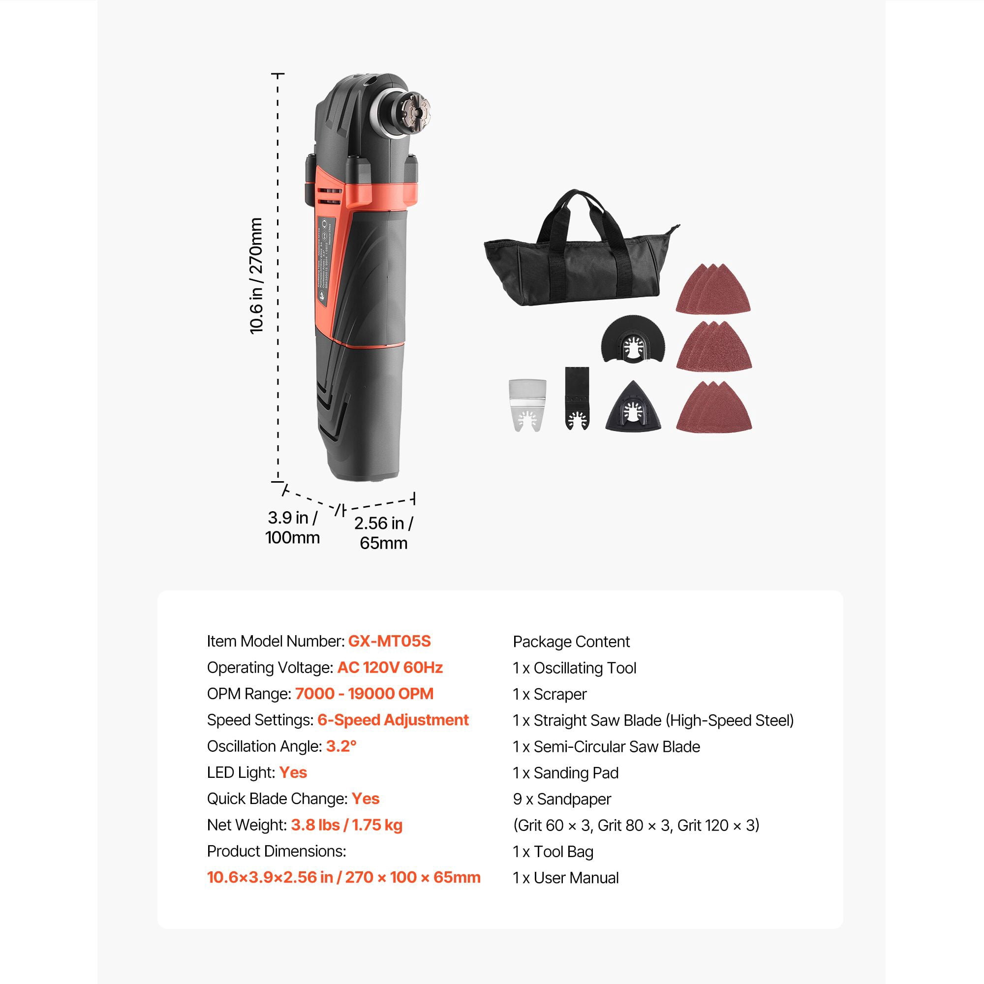 Oscillating Multitool 4.0A 6 Speeds 7000-19000 OPM with 9 Sandpapers for Sanding Cutting Scraping