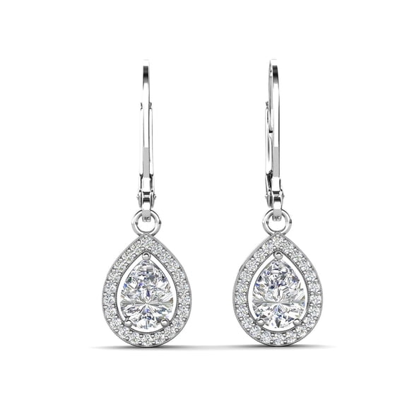 Cate & Chloe Izzy 18k White Gold Teardrop Cut CZ Halo Drop Earrings, Dangling Crystal Round Cut Earring Set for Women, Silver Cubic Zirconia Halo Earrings