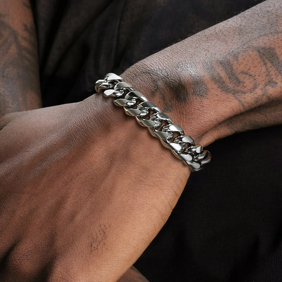 8-12MM Cuban Chain Mens Bracelet,Waterproof 14K White Gold Curb Link Chain Wristband,Punk Jewelry Gifts