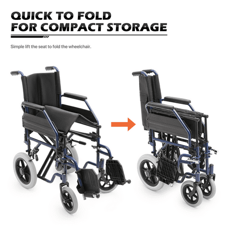 monicare *FDA APPROVED* Transport Wheelchair 300lbs Weight Capacity, Folding Transport Wheelchair with Removable Flip Back Armrests & Swing-Away Footrests, Blue