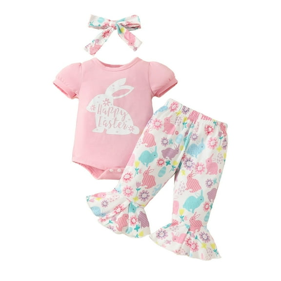 LMTODLFG Baby Boy Clothes Baby Girl Smocked Romper Cute Short Sleeve Bunny Triangle Hoodie Full Print Flared Pants Set Clothes Long Sleeve Outfit Baby Clothes for Girls