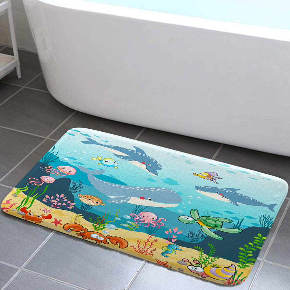 Ocean Fish Bathroom Rug for Kids, Underwater Sea Non Slip Bath Mat with